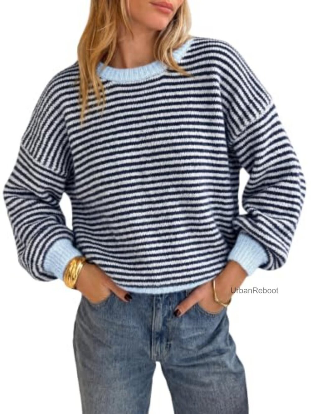 Striped Color Block Knit Pullover Sweater Crew Neck Loose Fit Long Sleeve Casual